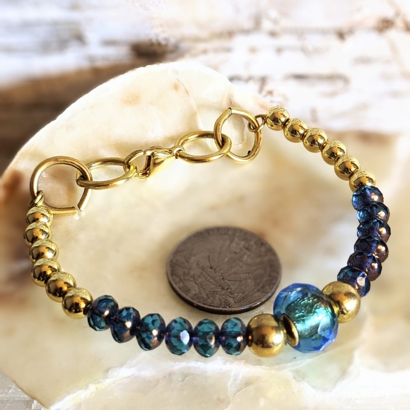 Blue Glass and Gold Beads in Gold Plated Beaded Bracelet - Picture 5 of 6